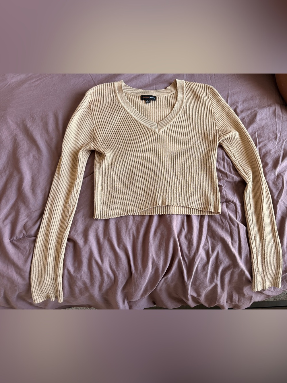 Beige Ribbed V-Neck Cropped Sweater